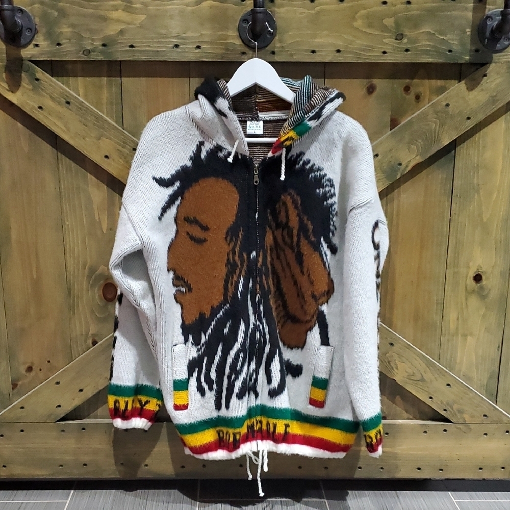 Bob Marley Wool Zip Up Jacket Sweater Hoodie Rasta One Love Jamaica Reggae Hemp